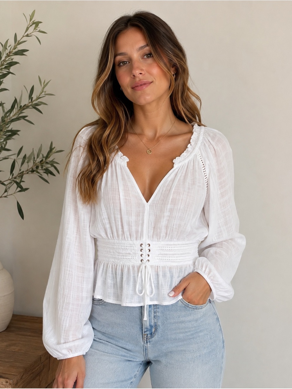 American Rag Cream Lace-Up Peasant Top